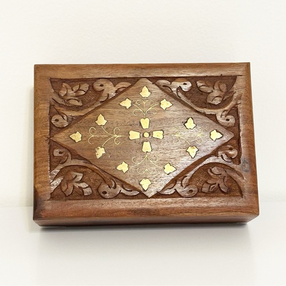 Other - Vintage Wooden Wood Keepsake Storage Trinket Jewelry Box with Gold Inlay
